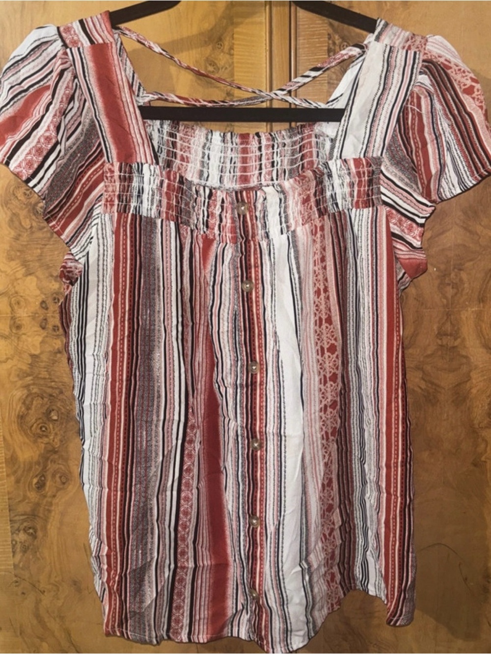 Striped Square-Neck Button Front Women's Top in Rust and White size Large